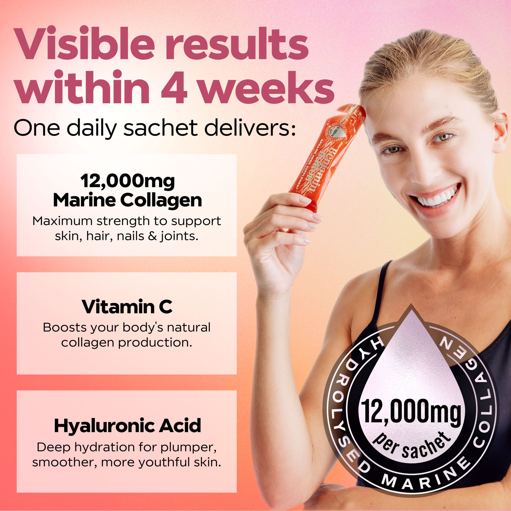 28x Pomarańczowe 12,000mg Morskie Kolagenowe Płynne Saszetki