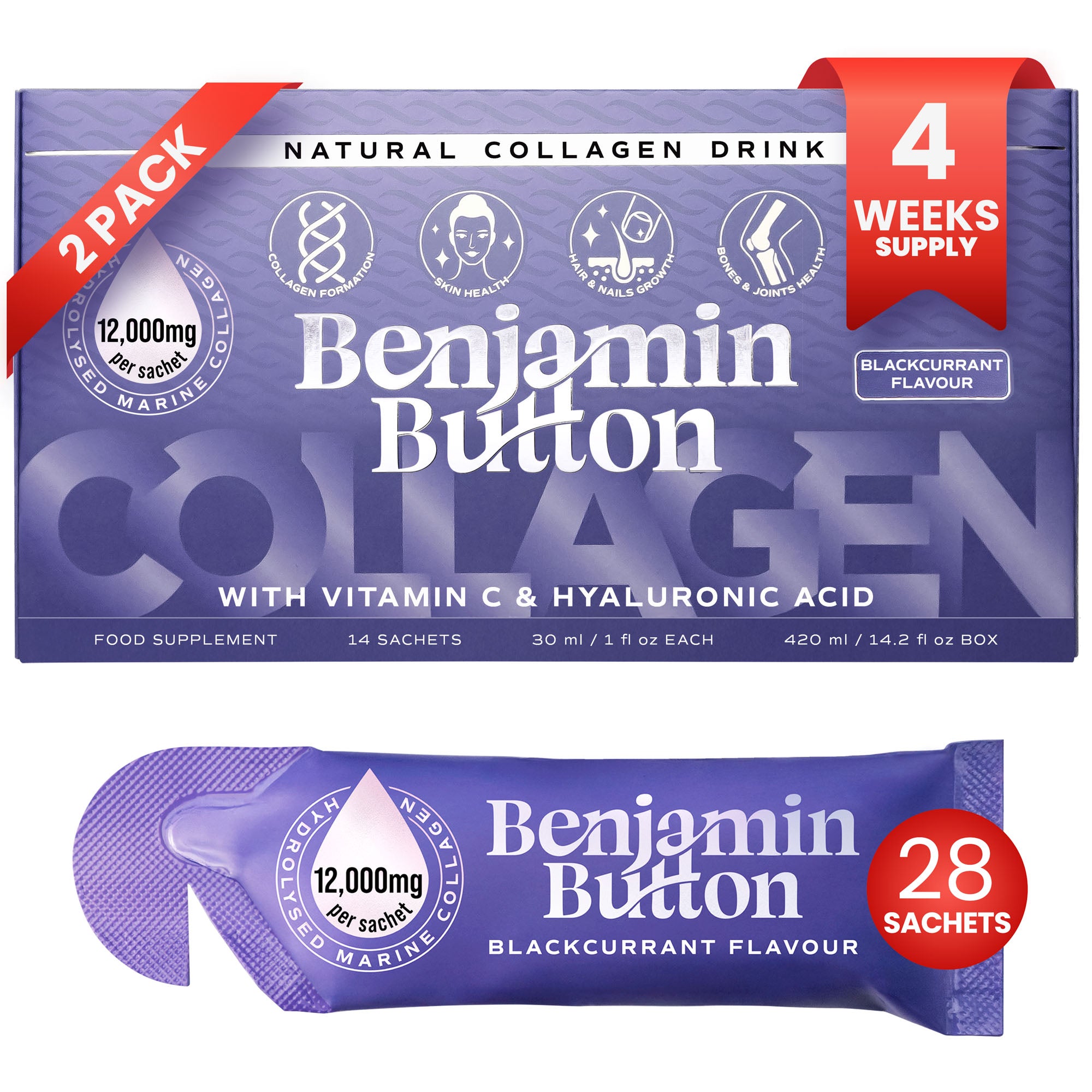 28x czarne porzeczki 12,000mg morskiego kolagenu w płynnych saszetkach