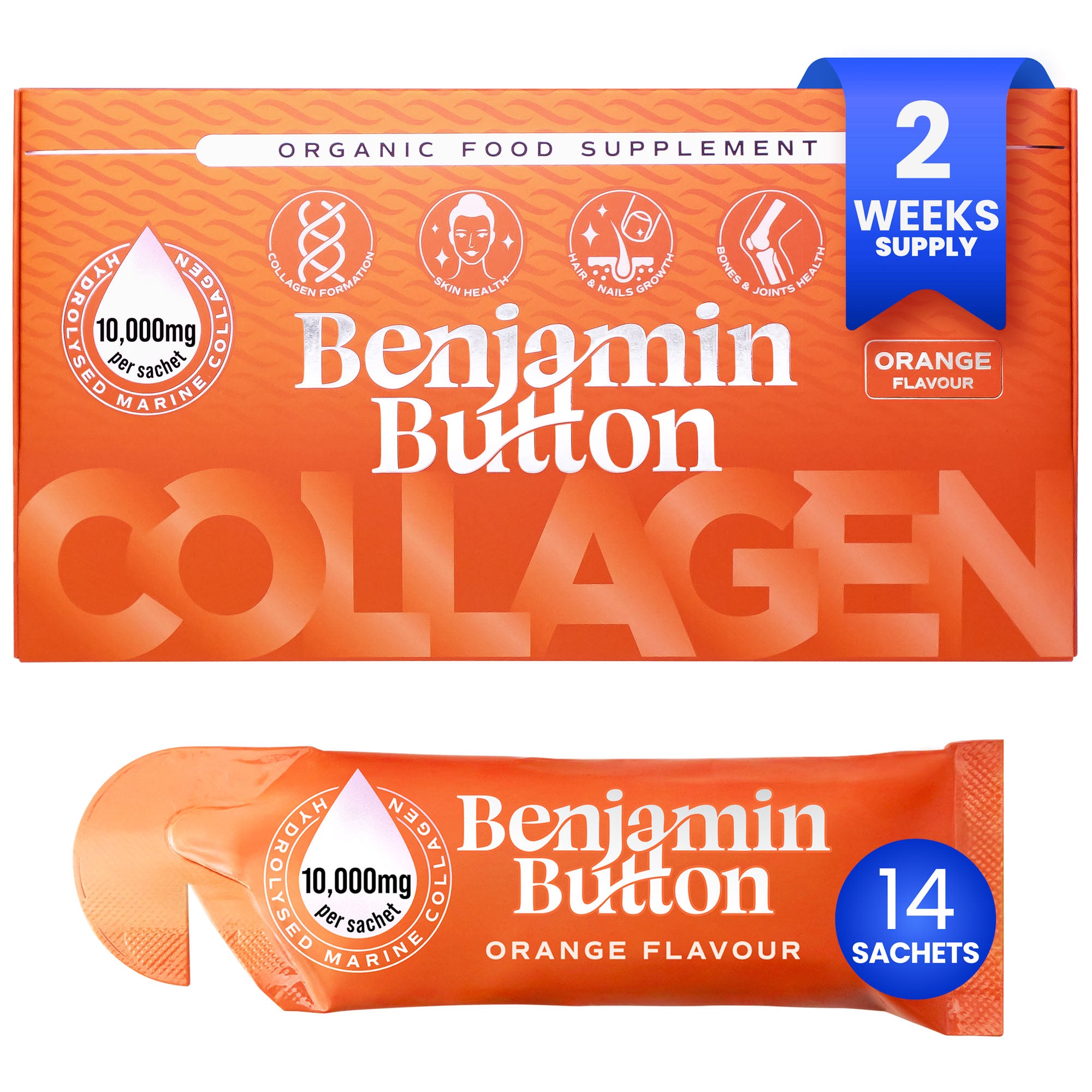 14x pomarańczowe saszetki z płynnym kolagenem morskim 10000 mg - Benjamin Button®