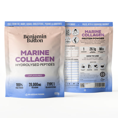 Marine Collagen Powder – Hydrolysed Peptides from Wild-Caught Fish – 93% Protein – High in Glycine & Proline – Keto & Paleo Friendly, 400g – Hair, Skin, Joint & Bone Support Benjamin Button