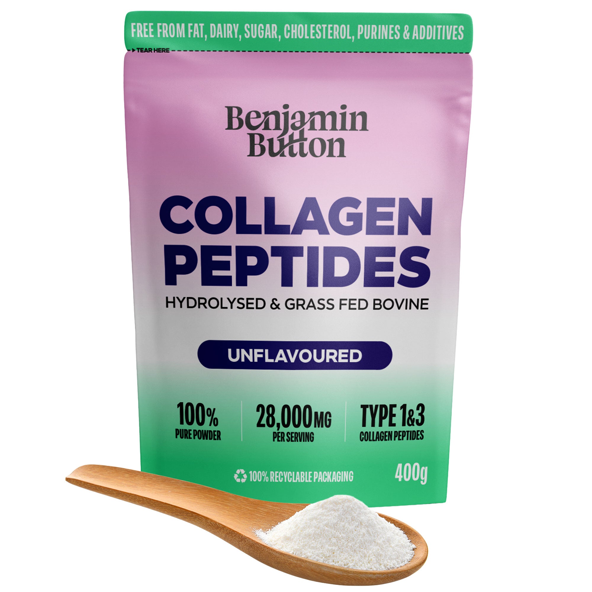 Proszek kolagenu wołowego - 95% białka, 400g bez smaku | Benjamin Button