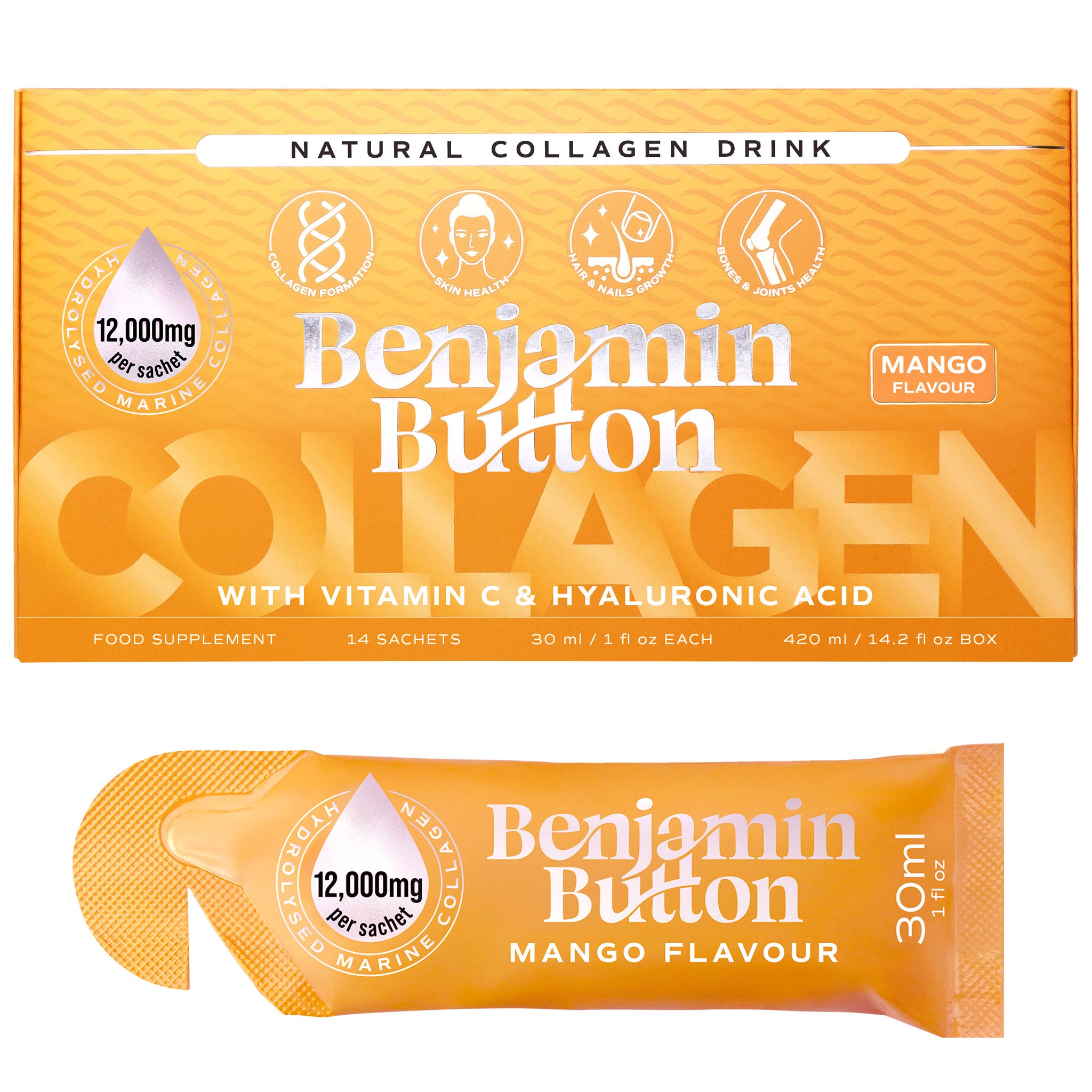 14x Mango 12,000mg Morskie Kolagen Płynne Saszetki