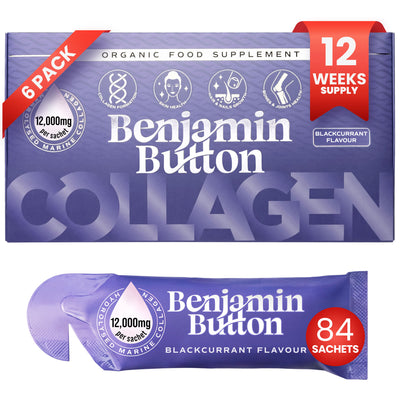 84x Czarna porzeczka 10,000mg Kolagen morski Płynne saszetki - Benjamin Button®