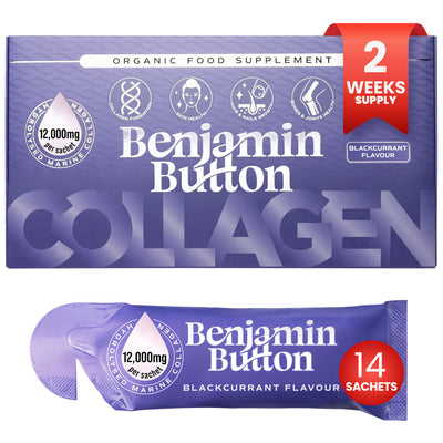 14x Czarna porzeczka 10,000mg Kolagen morski Płynne saszetki - Benjamin Button®