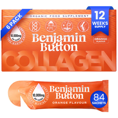 84x Pomarańczowe 10,000mg Morski Kolagen Płynne Saszetki - Benjamin Button®