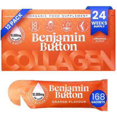 168x Pomarańczowe 10,000mg Morski Płynny Kolagen Saszetki - Benjamin Button®