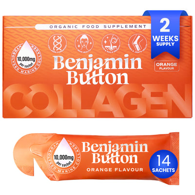 14x pomarańczowe saszetki z płynnym kolagenem morskim 10000 mg - Benjamin Button®